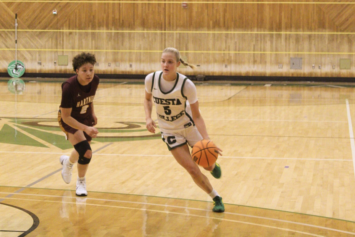 Women’s Basketball player Reese Pasternik (#5) drives to the basket against the Hartnell Panthers on Nov. 5, 2024. Photo courtesy of Natalie LaMalfa